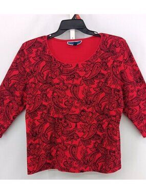 Karen Scott Shirt Women Large Red Paisley 3/4 Sleeve Round Neck Casual Top